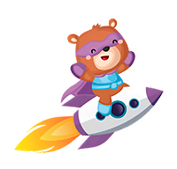 Mascote da Amo Vacinas em um foguete