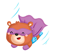 Mascote da Amo Vacinas, um ursinho voador de capa